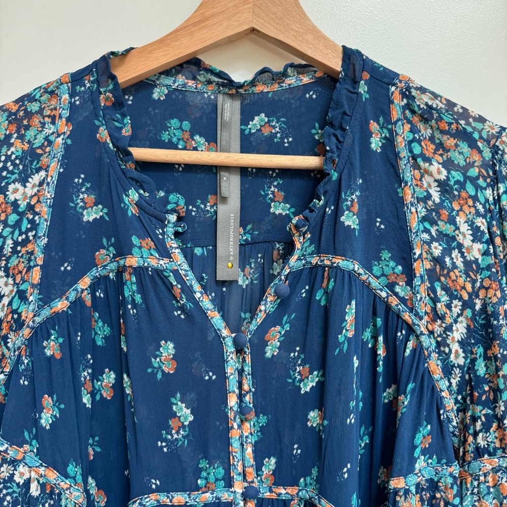Anthropologie Navy Floral Ruffled Peasant Blouse - Picture 3 of 15